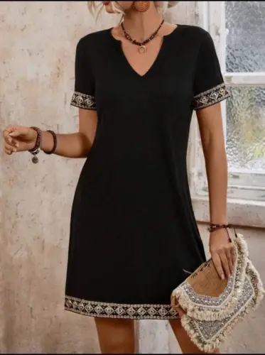 Striped Detail V-Neck Viscose Dress with Side Pockets - 5