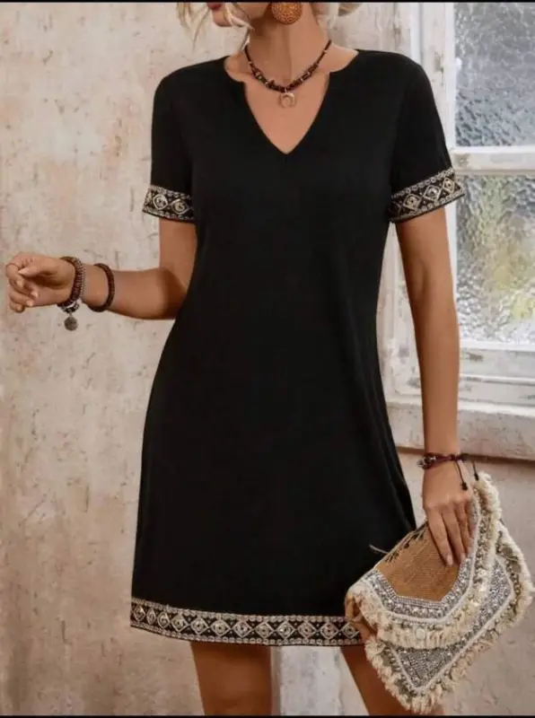 Striped Detail V-Neck Viscose Dress with Side Pockets - 5