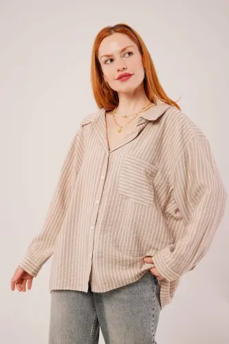 Striped Detailed Pocketed Camel Shirt - 1