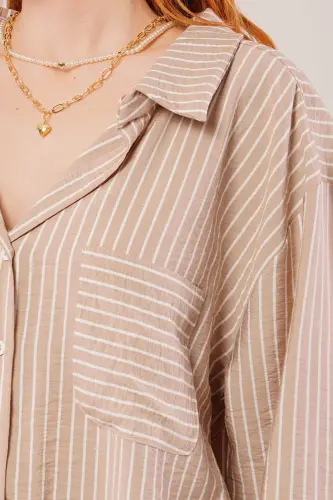 Striped Detailed Pocketed Camel Shirt - 3