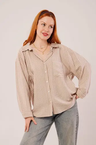 Striped Detailed Pocketed Camel Shirt - 4