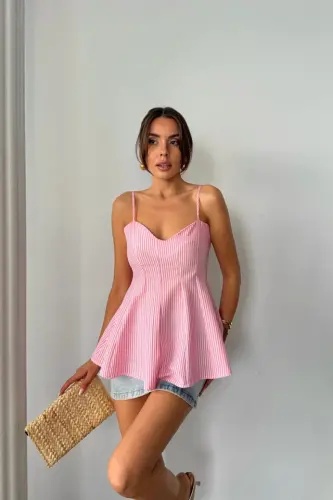 STRIPED GAUFRE HALTER TOP WITH DART DETAIL - Pink - 1