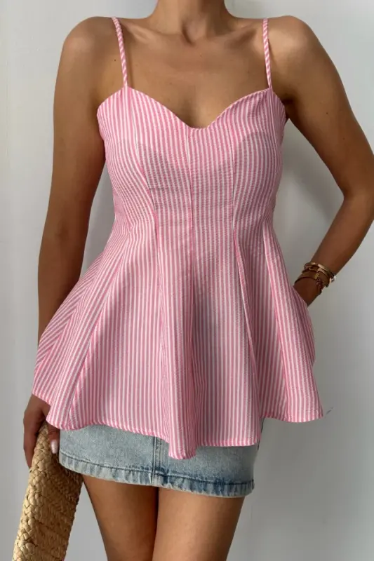 STRIPED GAUFRE HALTER TOP WITH DART DETAIL - Pink - 2