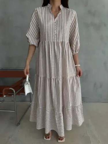 STRIPED LINEN MANDARIN COLLAR BUTTONED LOOSE DRESS - Brown - 1