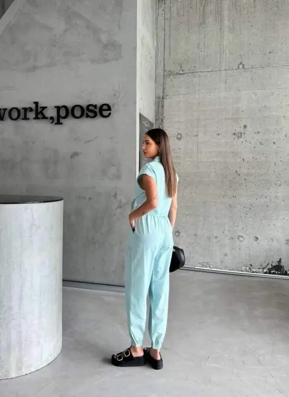 STRIPED LINEN SLEEVELESS CROP PANTS SUIT - Green - 2