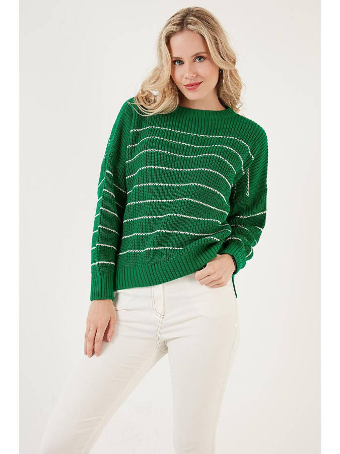 Striped Long Back Bike Neck Knit Sweater 4616133 - 9