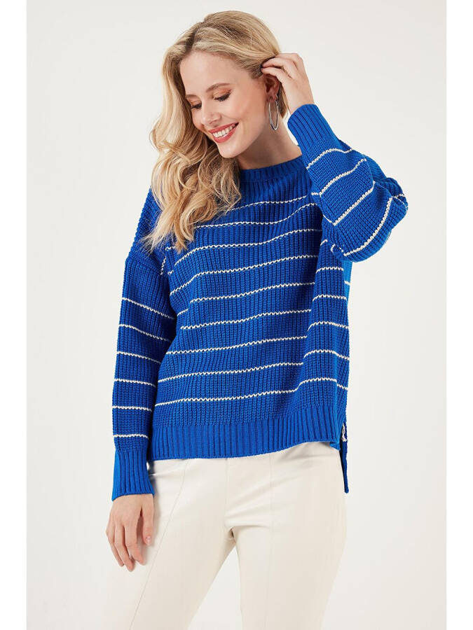 Striped Long Back Bike Neck Knit Sweater 4616133 - 6