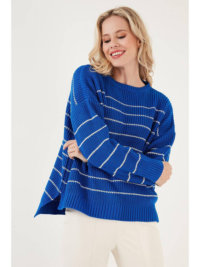 Striped Long Back Bike Neck Knit Sweater 4616133 - 8