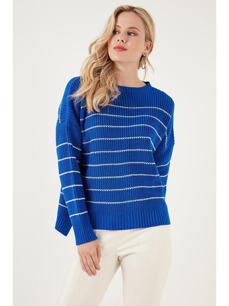 Striped Long Back Bike Neck Knit Sweater 4616133 - 9