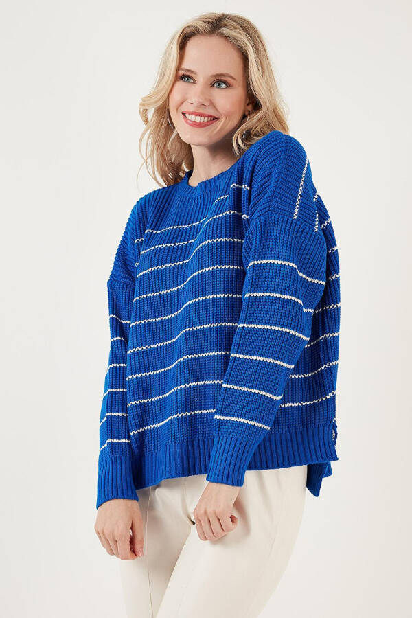 Striped Long Back Bike Neck Knit Sweater 4616133 - 12