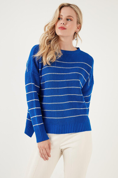 Striped Long Back Bike Neck Knit Sweater 4616133 - 14