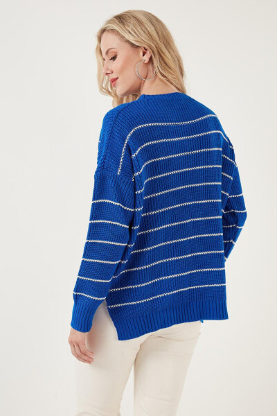 Striped Long Back Bike Neck Knit Sweater 4616133 - 15