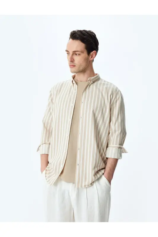 Striped Long Sleeve Button-Down Collar Slim Fit Shirt-Ec - 2