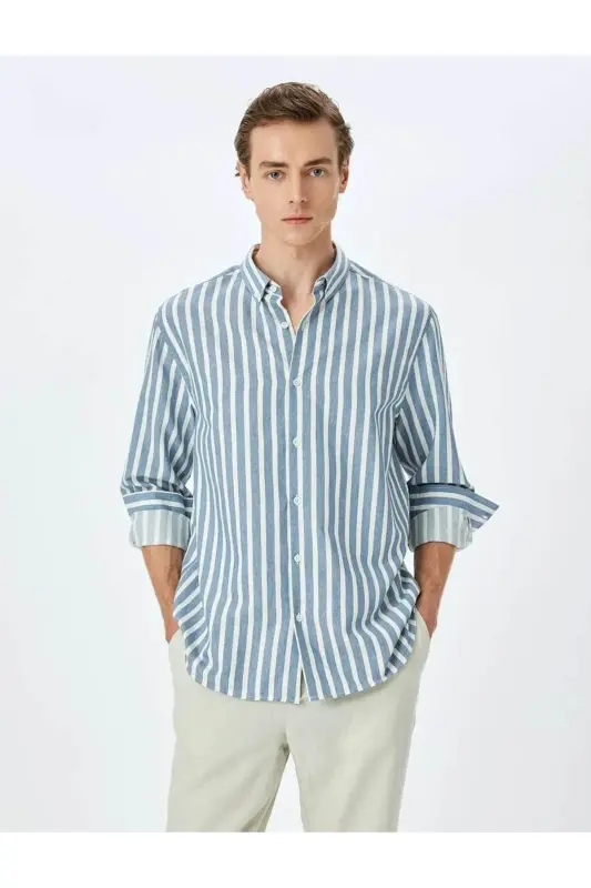 Striped Long Sleeve Button Down Collar Slim Fit Shirt-La - 1