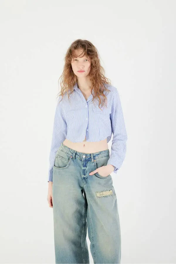 Striped Long Sleeve Crop Shirt G0070-y12 - 3