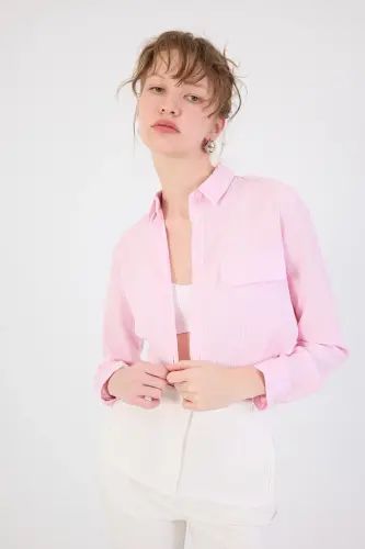 Striped Long Sleeve Crop Shirt G0070-y12-Pink - 1