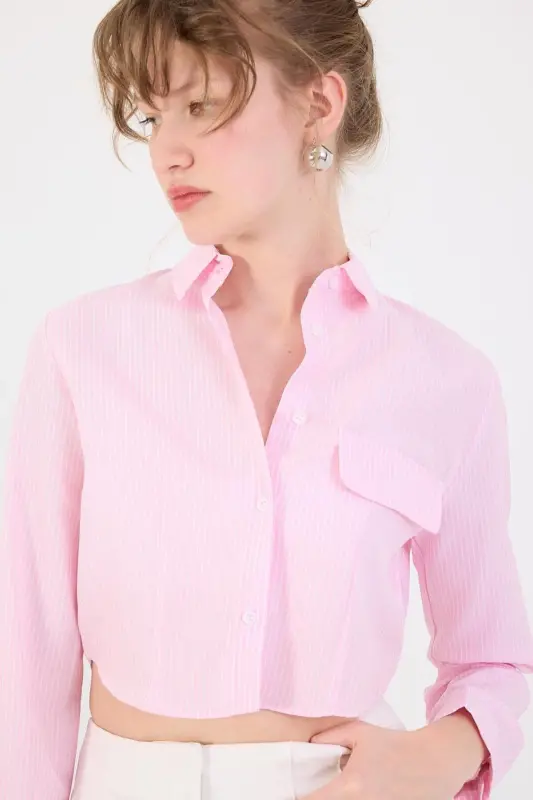 Striped Long Sleeve Crop Shirt G0070-y12-Pink - 3