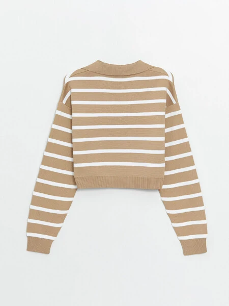 Striped Long Sleeve Crop Women's Knit Polo Sweater - 14