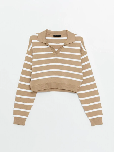 Striped Long Sleeve Crop Women's Knit Polo Sweater - 6