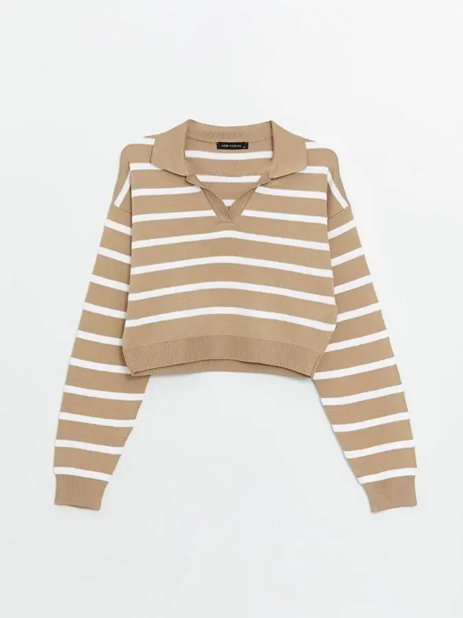 Striped Long Sleeve Crop Women's Knit Polo Sweater - 6