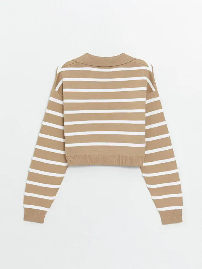 Striped Long Sleeve Crop Women's Knit Polo Sweater - 7