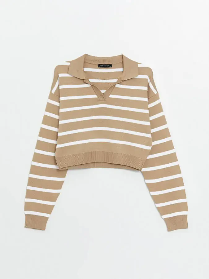 Striped Long Sleeve Crop Women's Knit Polo Sweater - 20