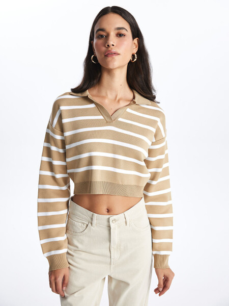 Striped Long Sleeve Crop Women's Knit Polo Sweater - 8