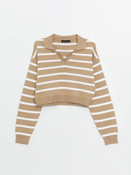 Striped Long Sleeve Crop Women's Knit Polo Sweater - 13