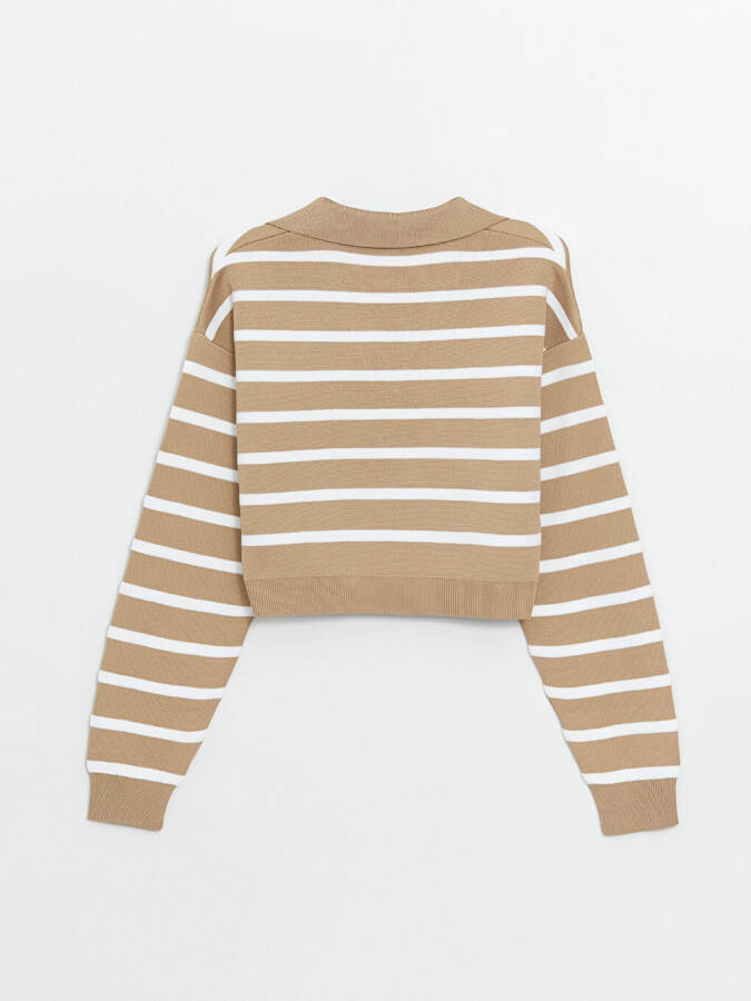 Striped Long Sleeve Crop Women's Knit Polo Sweater - 14