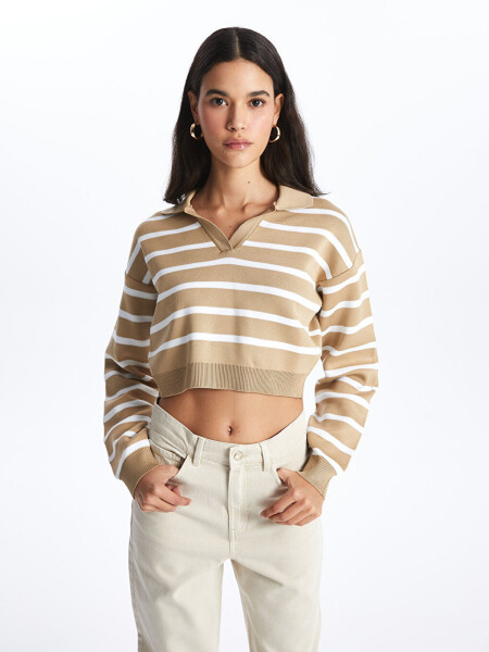 Striped Long Sleeve Crop Women's Knit Polo Sweater - 2