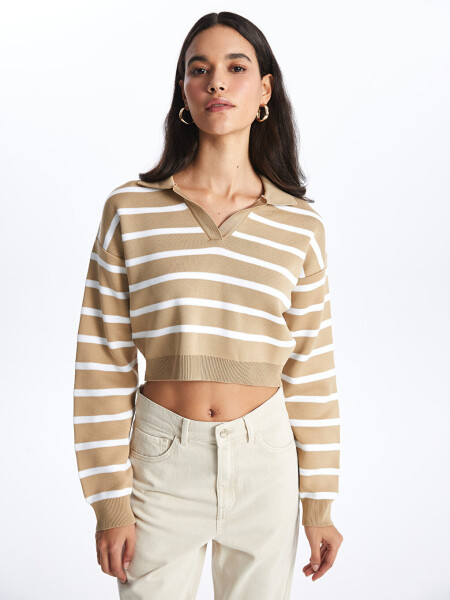 Striped Long Sleeve Crop Women's Knit Polo Sweater - 15