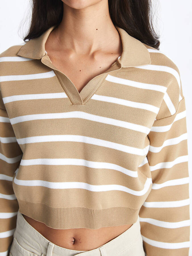 Striped Long Sleeve Crop Women's Knit Polo Sweater - 18