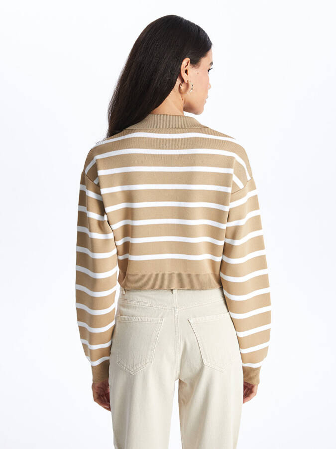 Striped Long Sleeve Crop Women's Knit Polo Sweater - 19