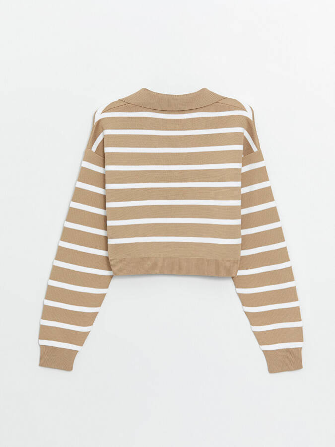 Striped Long Sleeve Crop Women's Knit Polo Sweater - 21