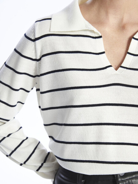 Striped Long Sleeve Polo Neck Women's Knit Sweater - 14