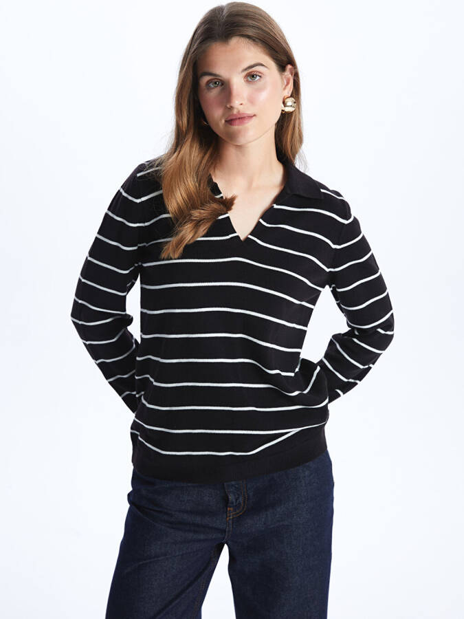 Striped Long Sleeve Women's Polo Neck Knit Sweater - 8