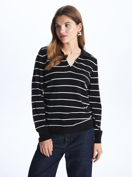 Striped Long Sleeve Women's Polo Neck Knit Sweater - 9