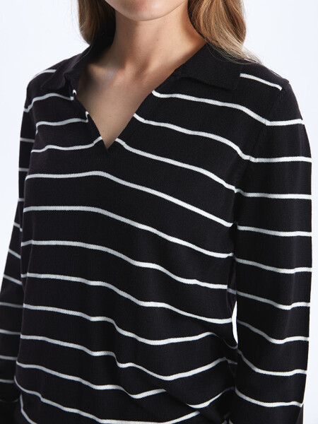 Striped Long Sleeve Women's Polo Neck Knit Sweater - 11