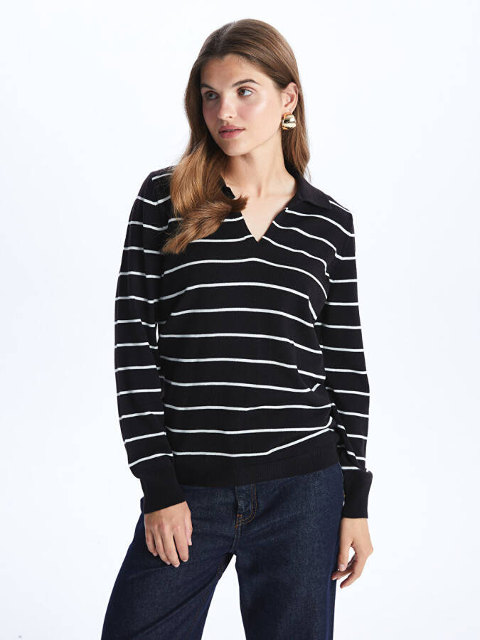 Striped Long Sleeve Women's Polo Neck Knit Sweater - 2