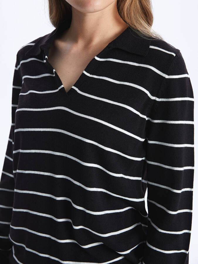 Striped Long Sleeve Women's Polo Neck Knit Sweater - 4