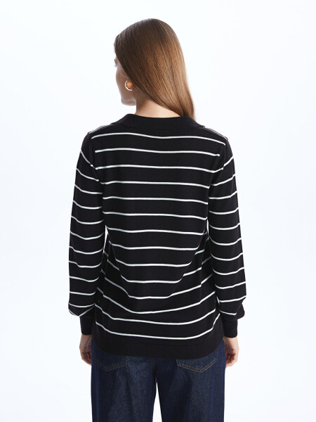 Striped Long Sleeve Women's Polo Neck Knit Sweater - 19