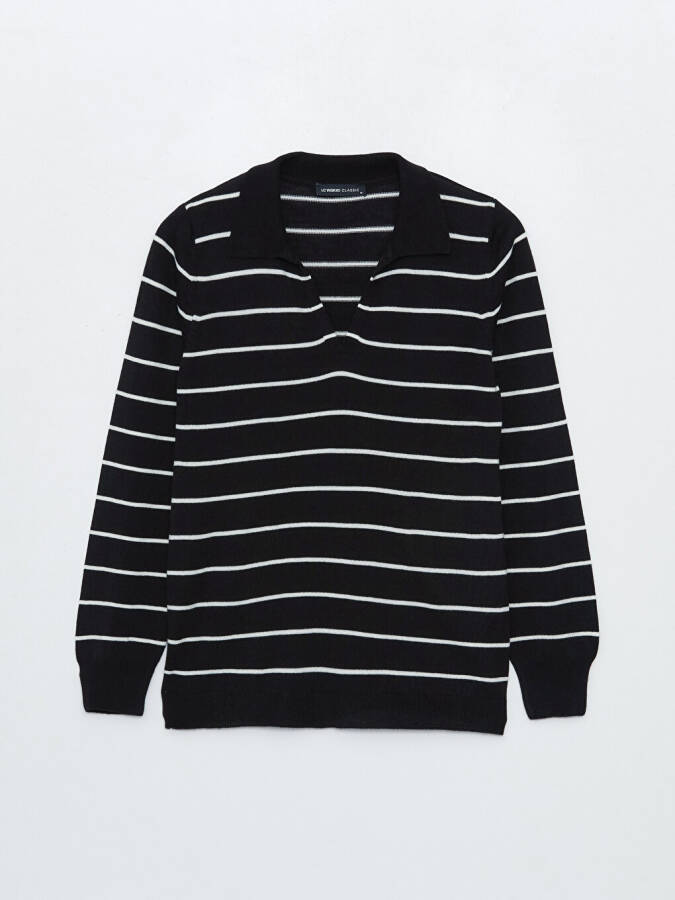 Striped Long Sleeve Women's Polo Neck Knit Sweater - 20