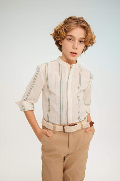 Striped Long-Sleeved Shirt with Collar for Boys, Ecru - 1