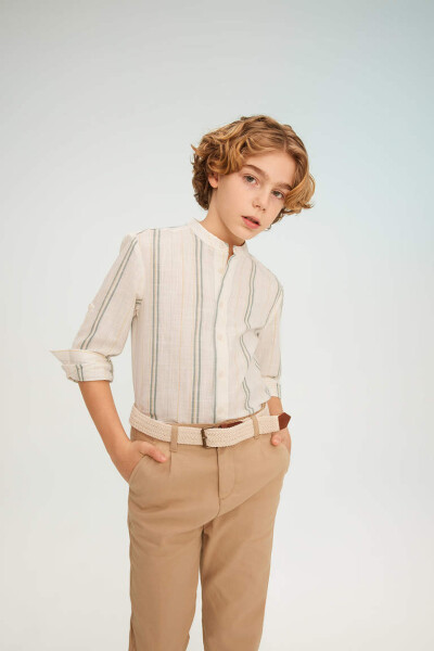 Striped Long-Sleeved Shirt with Collar for Boys, Ecru - 3