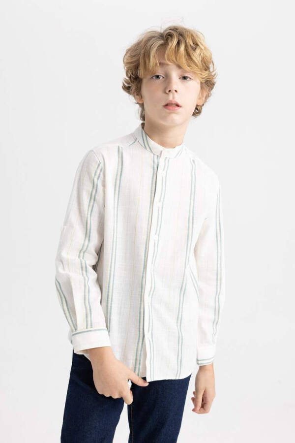 Striped Long-Sleeved Shirt with Collar for Boys, Ecru - 4