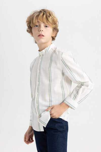 Striped Long-Sleeved Shirt with Collar for Boys, Ecru - 7