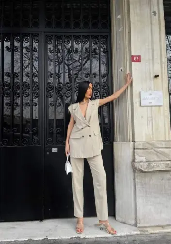 STRIPED LONG VEST - PANTS SUIT POLVISCON - Beige - 1