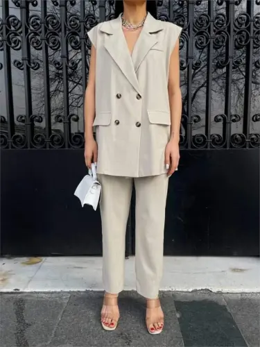 STRIPED LONG VEST - PANTS SUIT POLVISCON - Beige - BÜYÜKBEDENIZ (1)