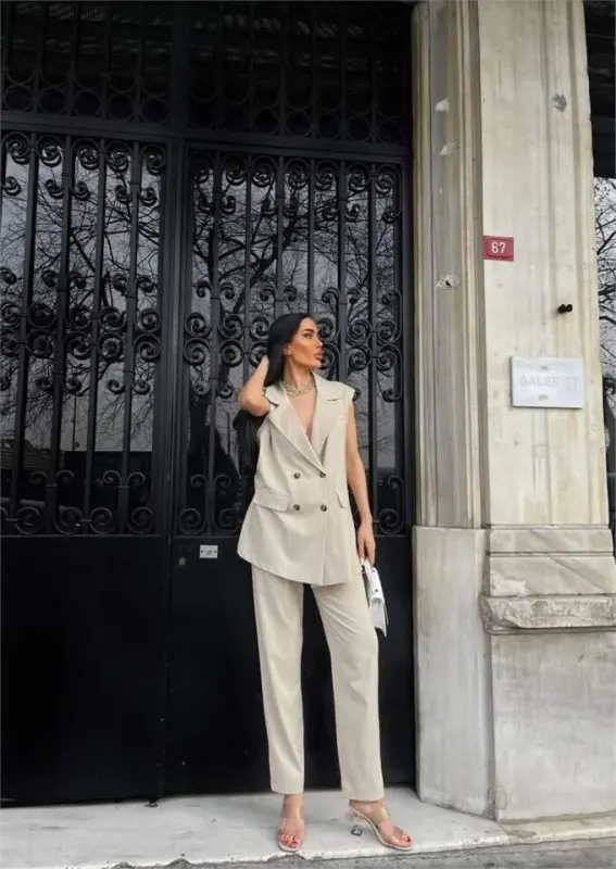 STRIPED LONG VEST - PANTS SUIT POLVISCON - Beige - 3