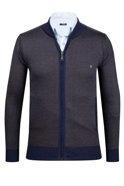 Striped men's knit jacket. Zippered pocket and patterned. Ribbed cuffs and waist, steel knit. 5015K - Çizgi Triko